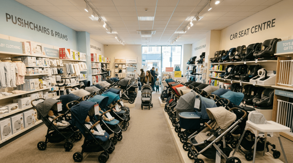 A store aisle filled with multiple rows of baby strollers and prams with shoppers browsing